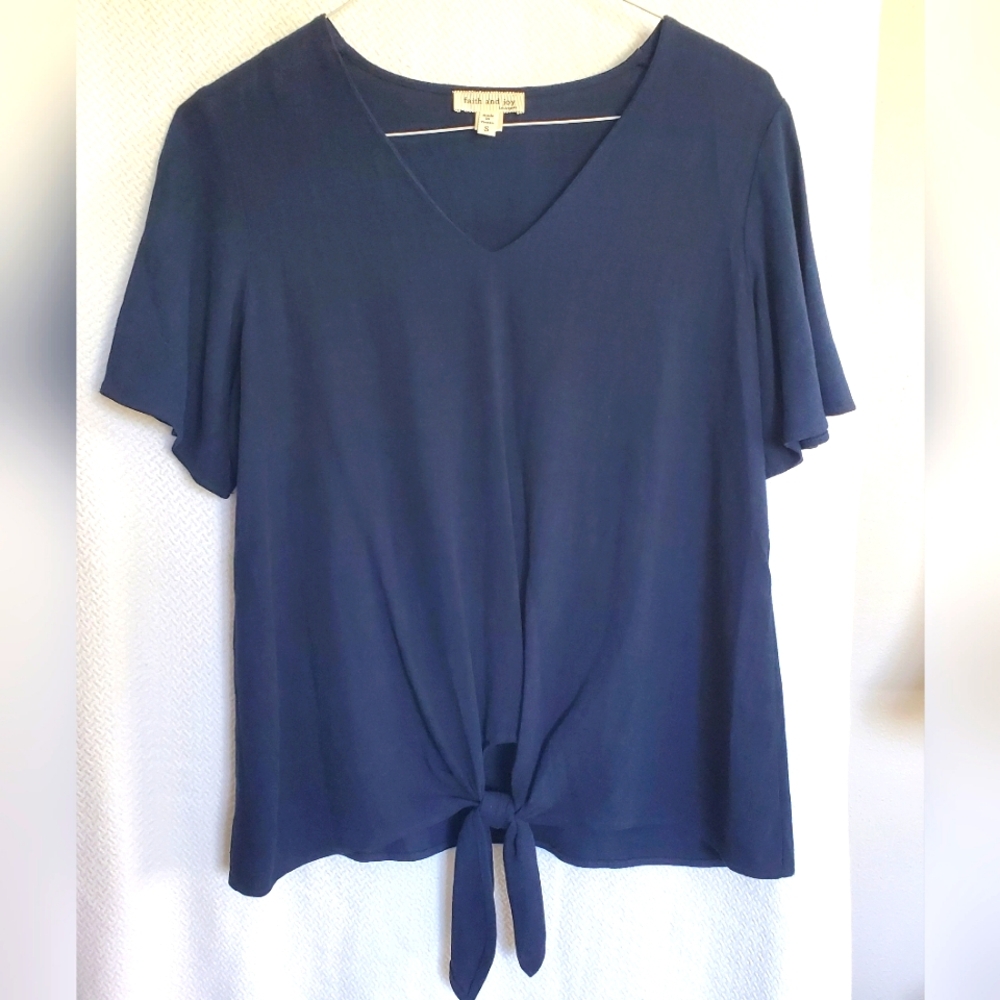 Faith and Joy Women’s Navy Blue Linen Blouse Flounce sleeve Size S